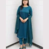 Teal Satin Silk 3 Piece Festive Suit For Women Elegant Teal Satin Silk 3 Piece Festive Suit For Women