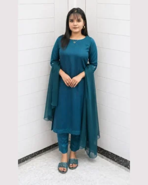 Teal Satin Silk 3 Piece Festive Suit For Women Elegant Teal Satin Silk 3 Piece Festive Suit For Women