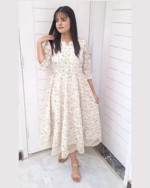 Elegant Ivory Floral Chikankari Frock For Women