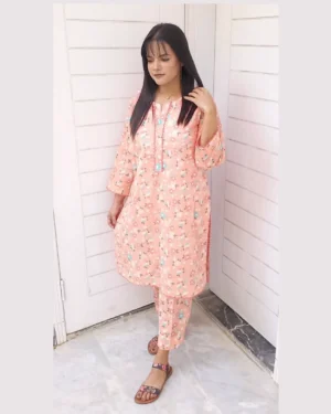 Peach Floral Printed 2 Piece Lawn Suit For Women Elegant Peach Floral Printed 2 Piece Lawn Suit For Women