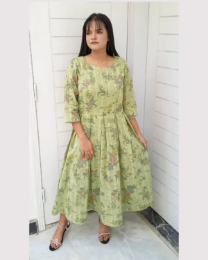 Pastel Olive Floral Frock Set For Women Elegant Pastel Olive Floral Frock Set For Women