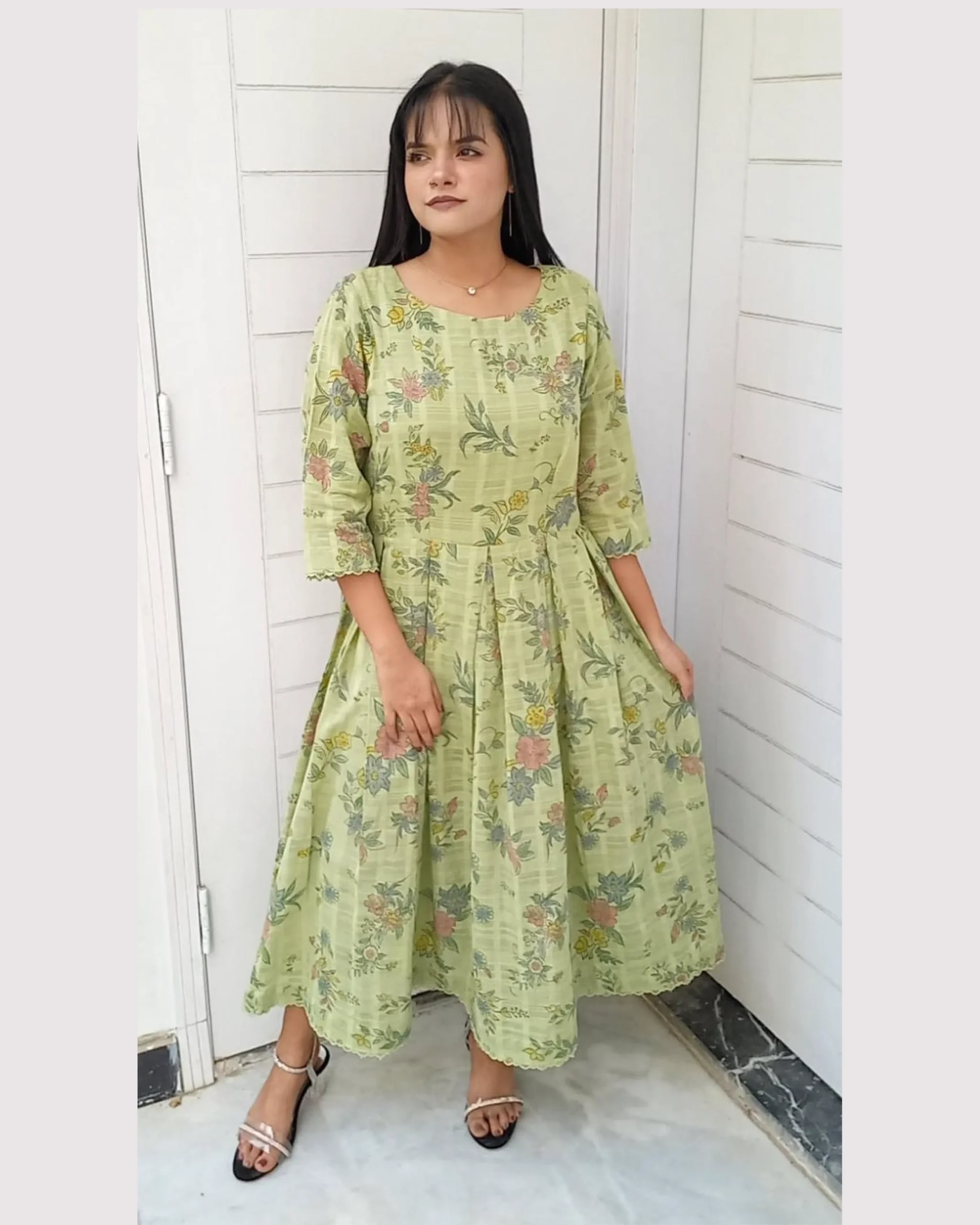 Pastel Olive Floral Frock Set For Women Elegant Pastel Olive Floral Frock Set For Women