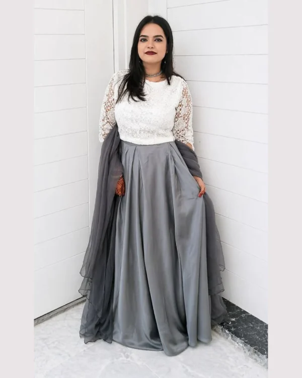 Untitled-3-02 White Net Kurti with Grey Silk Lehenga Set