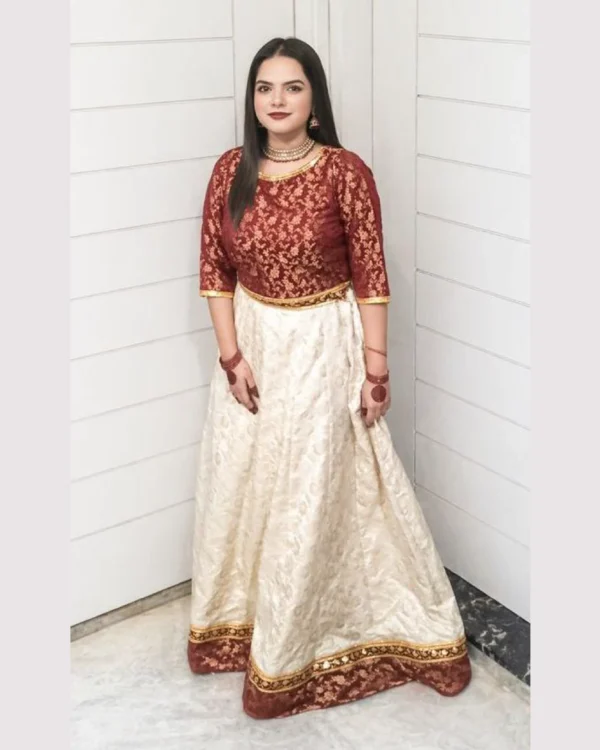 Untitled-3-05 Maroon & Ivory Banarsi Lehenga Kurti Set