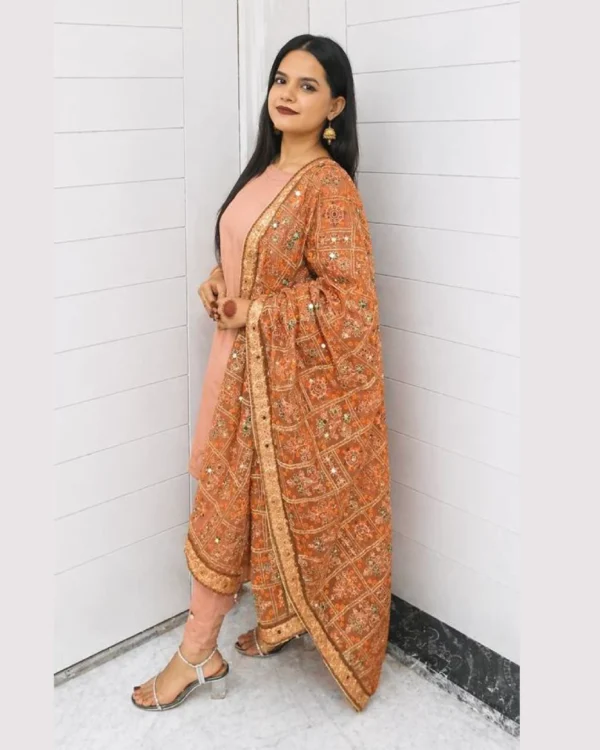 Peach Festive Suit With Mirror Net Dupatta Elegant Peach Festive Suit With Mirror Net Dupatta
