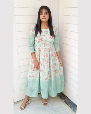 Pastel Aqua Floral Frock Set For Women Elegant Pastel Aqua Floral Frock Set For Women