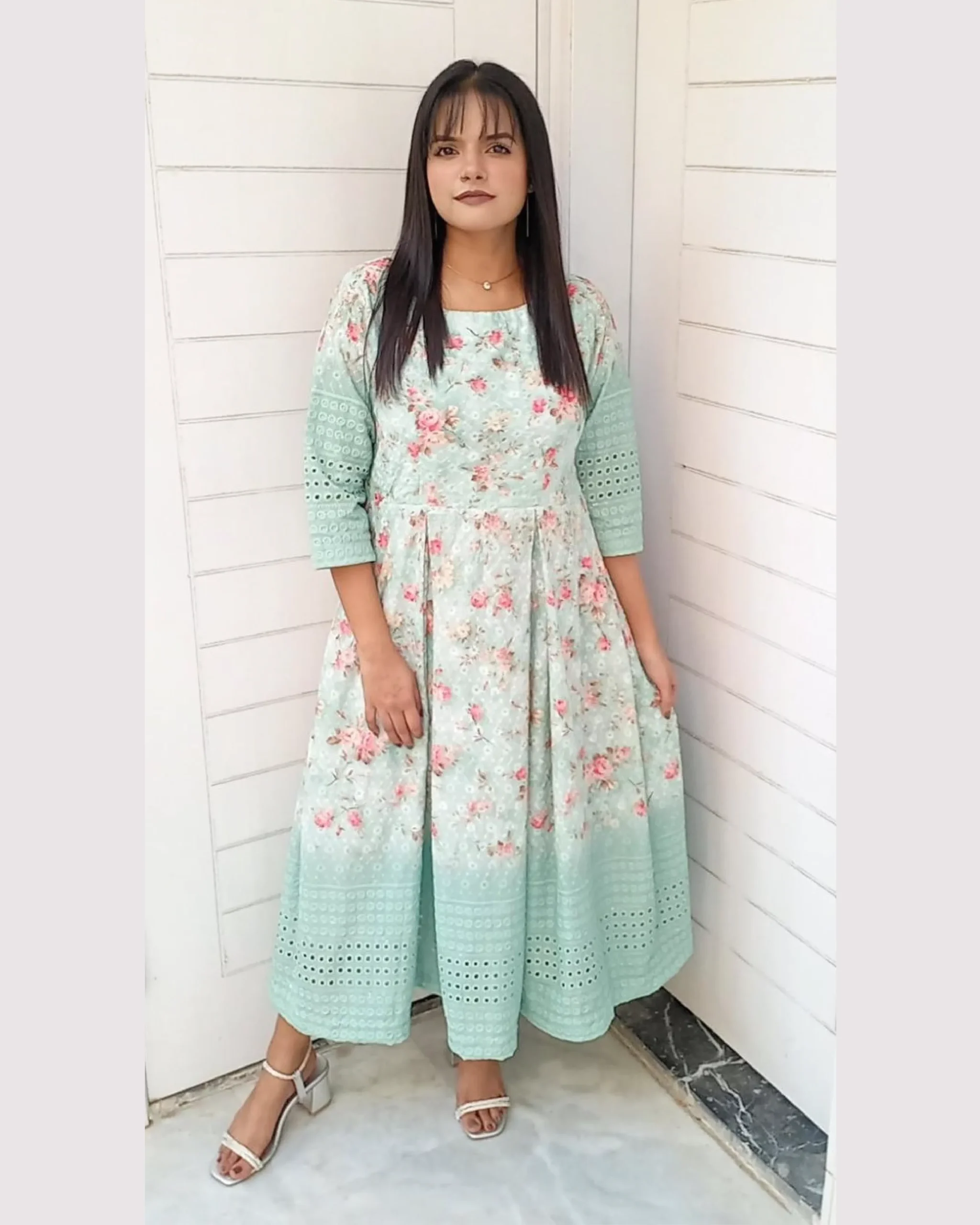 Pastel Aqua Floral Frock Set For Women Elegant Pastel Aqua Floral Frock Set For Women