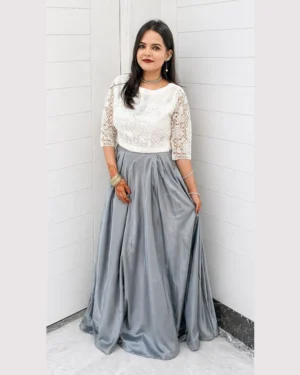 White Net Kurti With Grey Silk Festive Lehenga Set Elegant White Net Kurti With Grey Silk Festive Lehenga Set