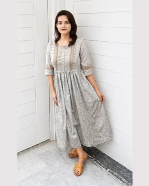 Grey Printed Lawn Frock With Trouser For Women Elegant Grey Printed Lawn Frock With Trouser For Women