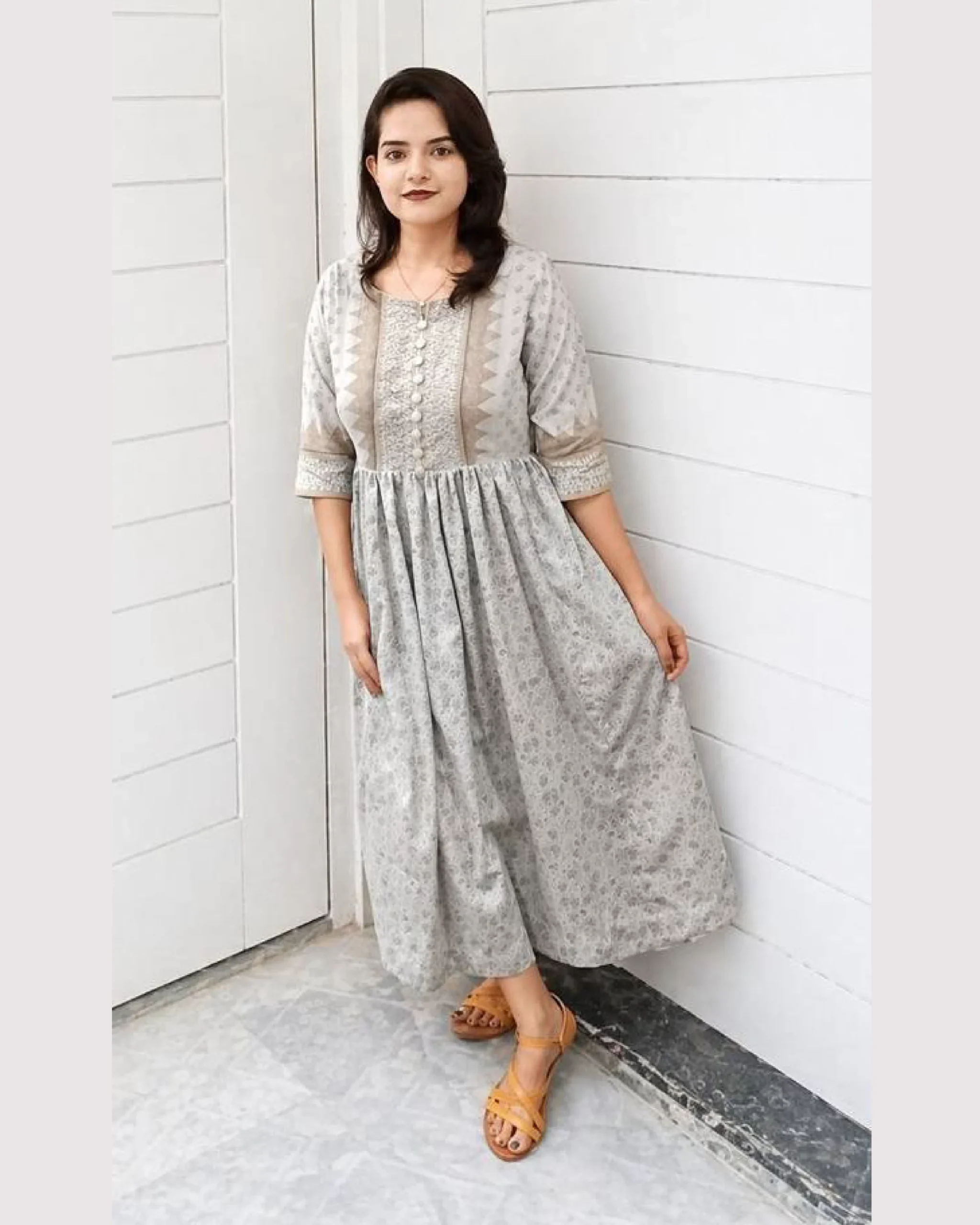 Grey Printed Lawn Frock With Trouser For Women Elegant Grey Printed Lawn Frock With Trouser For Women