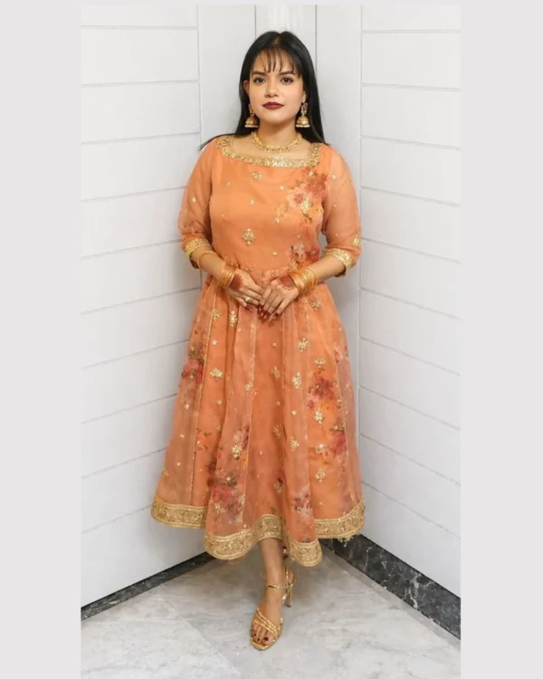 Peach Organza Embroidered Frock