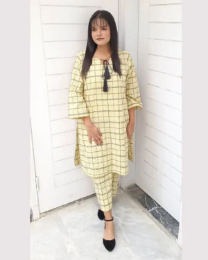 Mustard Check Printed 2 Piece Lawn Suit For Women Elegant Mustard Check Printed 2 Piece Lawn Suit For Women