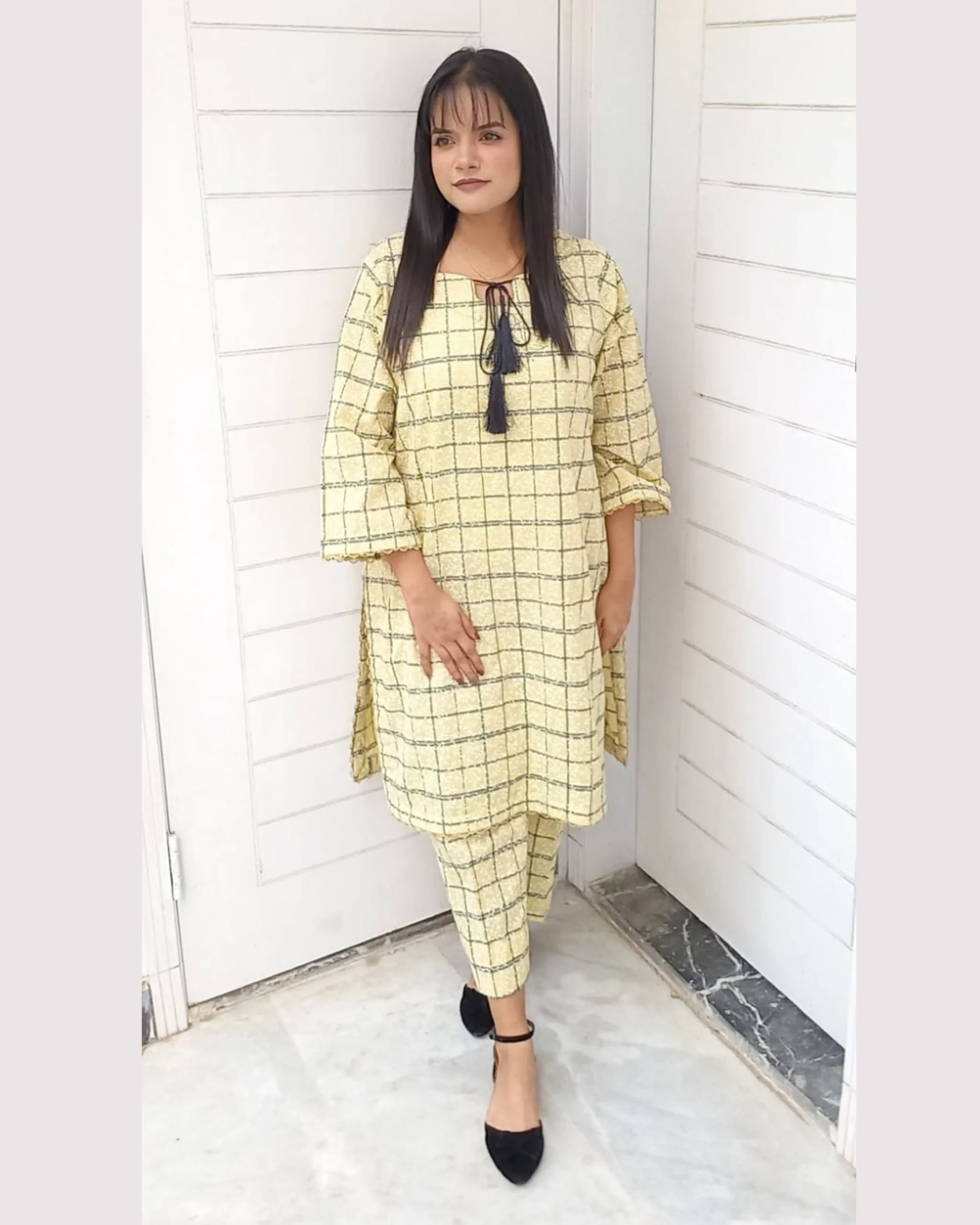 Mustard Check Printed 2 Piece Lawn Suit For Women Elegant Mustard Check Printed 2 Piece Lawn Suit For Women