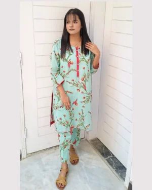 Mint Green Floral Printed 2 Piece Lawn Suit For Women Elegant Mint Green Floral Printed 2 Piece Lawn Suit For Women