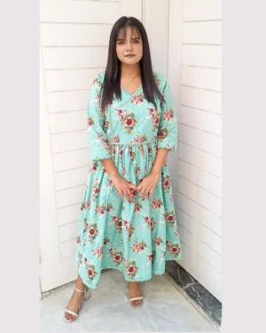 Elegant Aqua Blue Floral Frock Set For Women