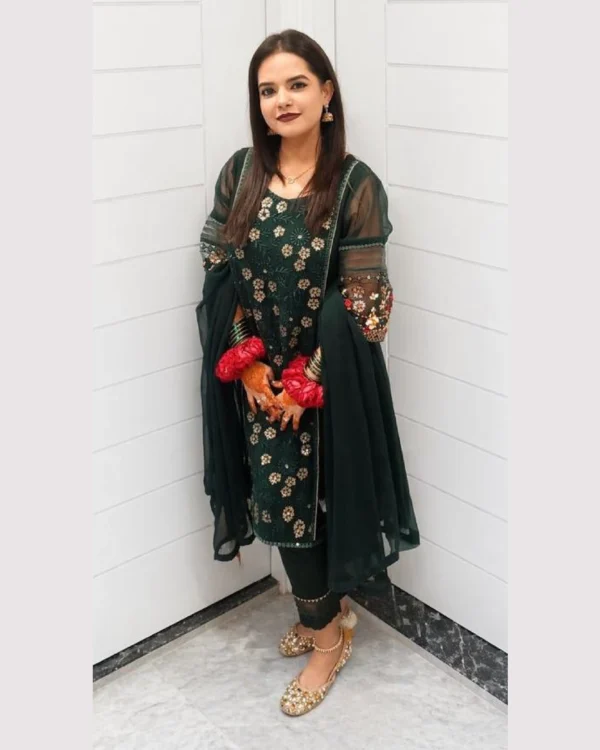Embroidered Emerald Green Chiffon Suit