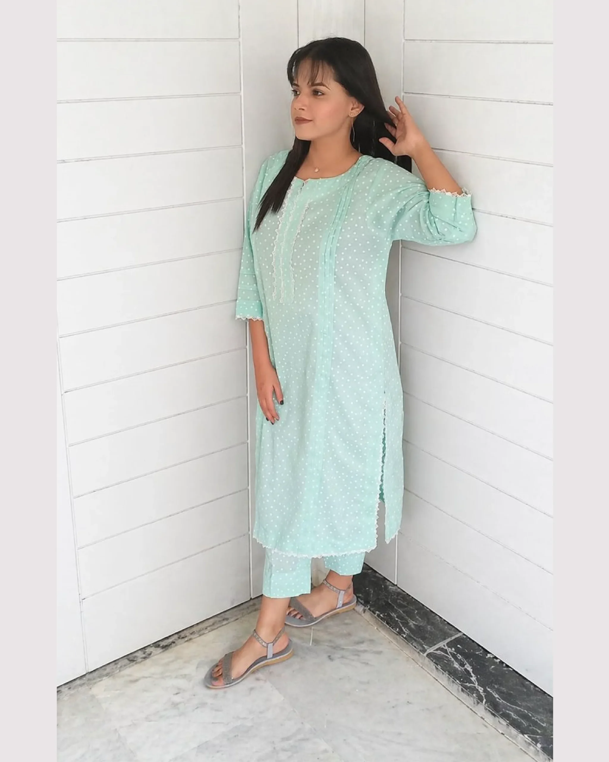 Mint Polka Dot Printed 2 Piece Lawn Suit For Women Elegant Mint Polka Dot Printed 2 Piece Lawn Suit For Women