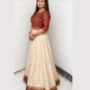 Maroon Ivory Banarsi Festive Lehenga Kurti Set Elegant Maroon Ivory Banarsi Festive Lehenga Kurti Set