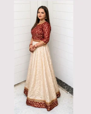 Elegant Maroon Ivory Banarsi Festive Lehenga Kurti Set