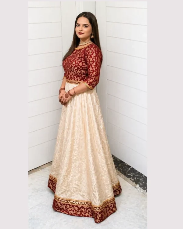 Maroon Ivory Banarsi Festive Lehenga Kurti Set Elegant Maroon Ivory Banarsi Festive Lehenga Kurti Set