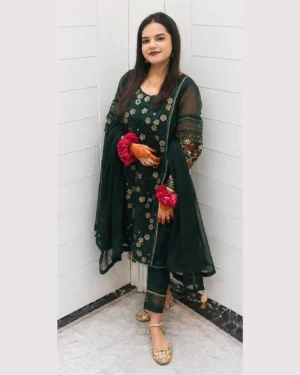 Elegant Embroidered Emerald Green Chiffon Festive Suit