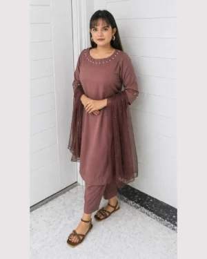 Elegant Mauve Satin Silk 3 Piece Festive Suit For Women Elegant Mauve Satin Silk 3 Piece Festive Suit For Women