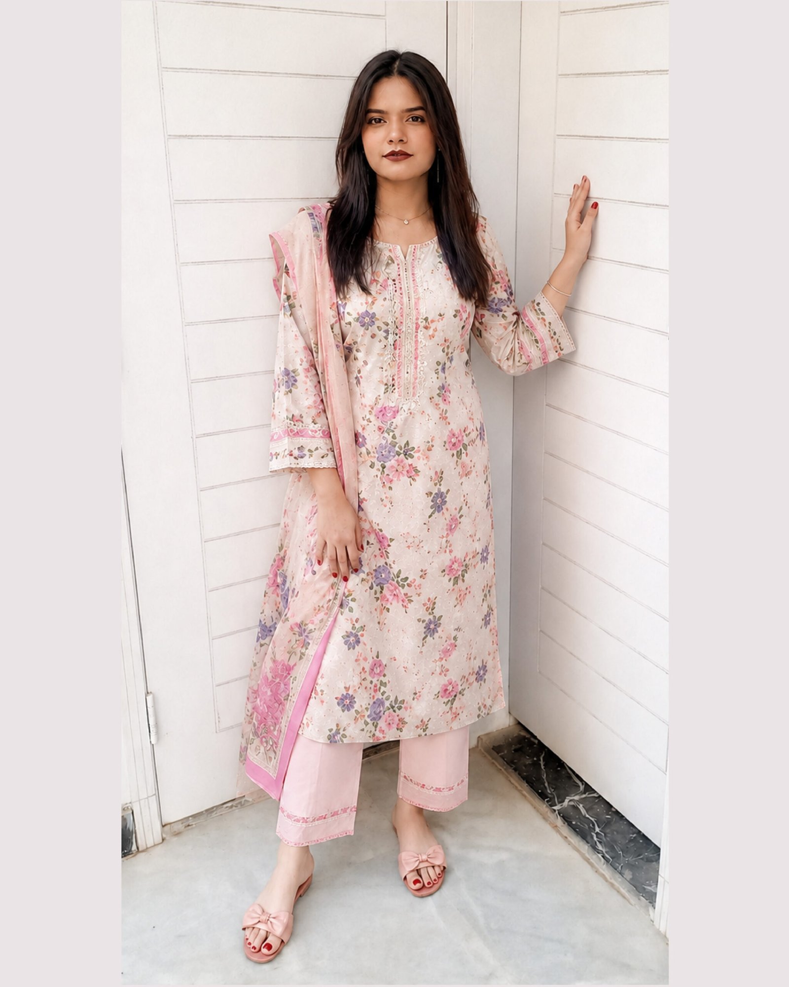 Blush Pink Floral Printed 3-Piece Lawn Suit – Affordable Summer Lawn Collection in Pakistan Blush pink floral printed 3-piece lawn suit with chiffon dupatta and matching trouser from affordable summer lawn collection in Pakistan